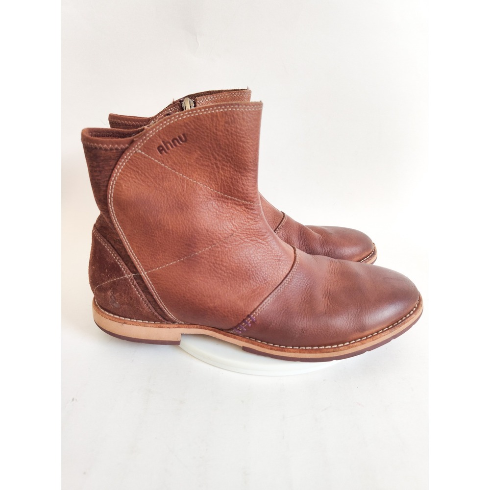 Ahnu Ankle Boots 10.5 Waterproof Leather Suede Trim Side Zip Comfort Boho Brown